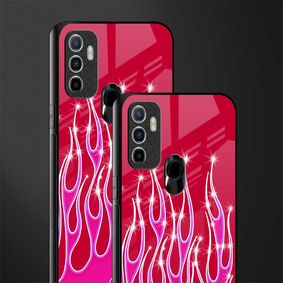 y2k magenta glittery flames glass case for oppo a53 image-2