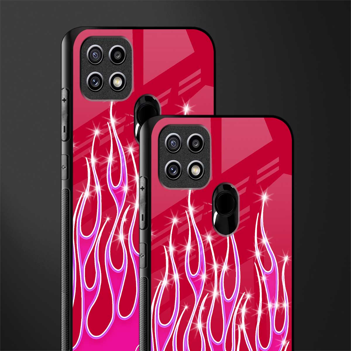 y2k magenta glittery flames glass case for oppo a15s image-2