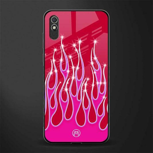 y2k magenta glittery flames glass case for redmi 9i image