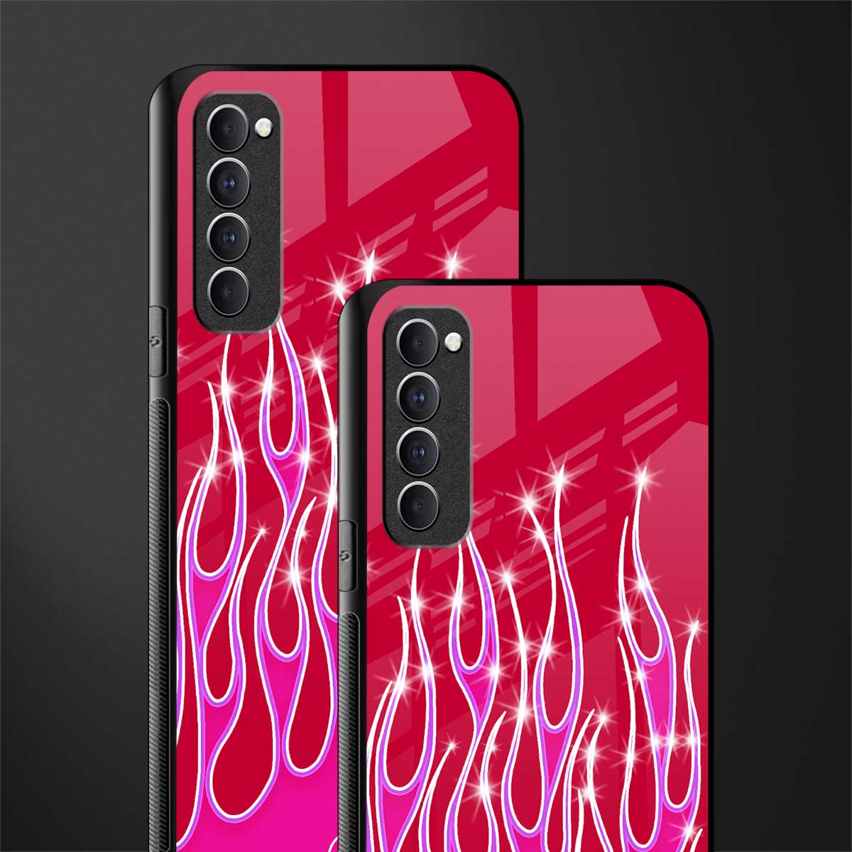 y2k magenta glittery flames glass case for oppo reno 4 pro image-2