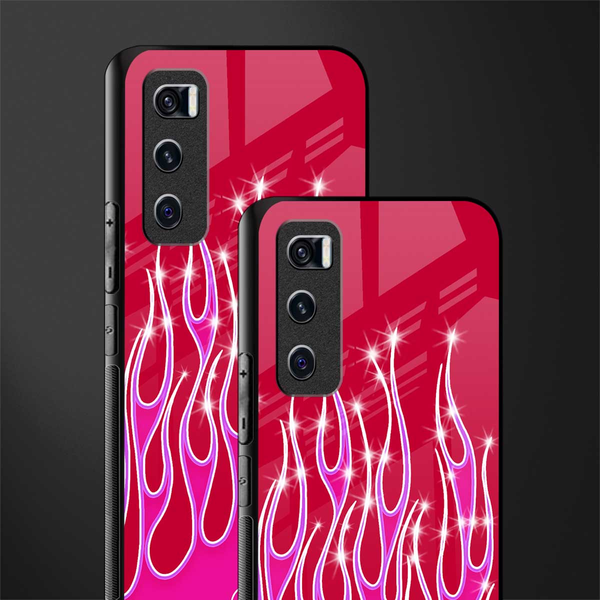 y2k magenta glittery flames glass case for vivo v20 se image-2