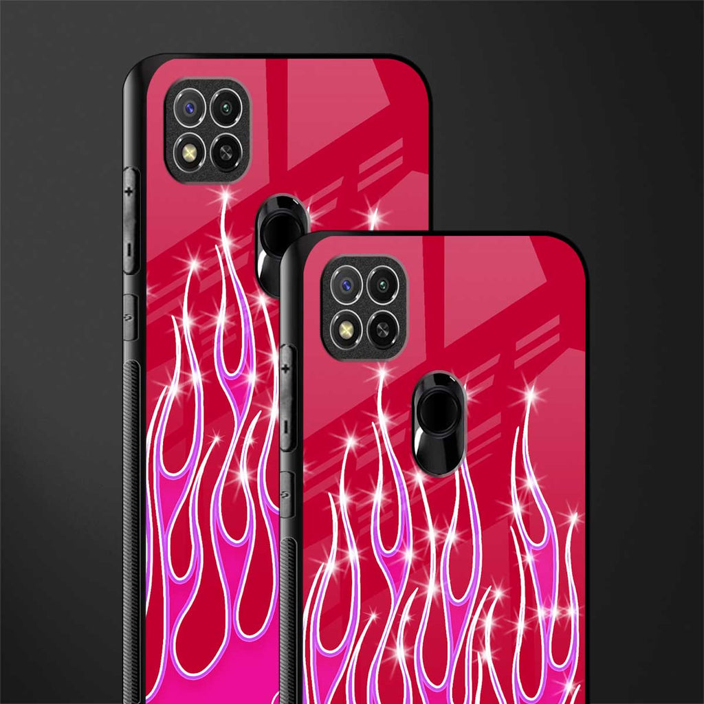 y2k magenta glittery flames glass case for redmi 9 image-2