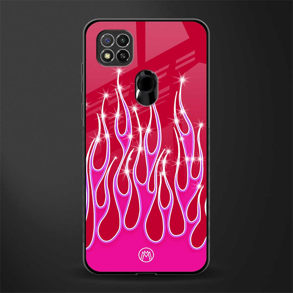 y2k magenta glittery flames glass case for redmi 9c image
