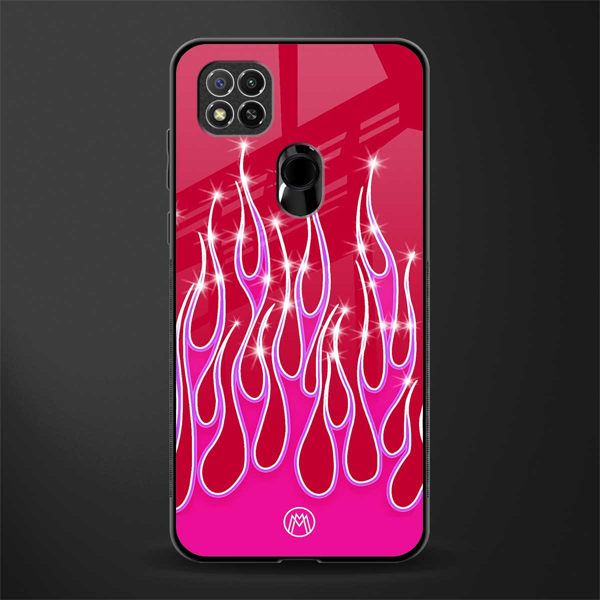 y2k magenta glittery flames glass case for redmi 9c image