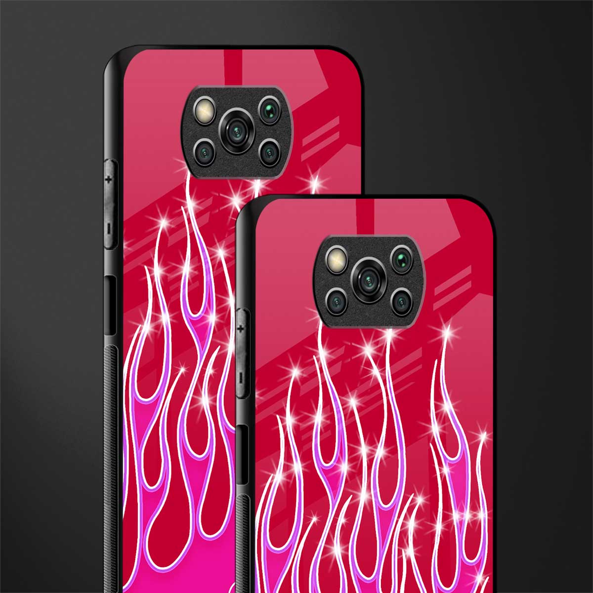 y2k magenta glittery flames glass case for poco x3 image-2