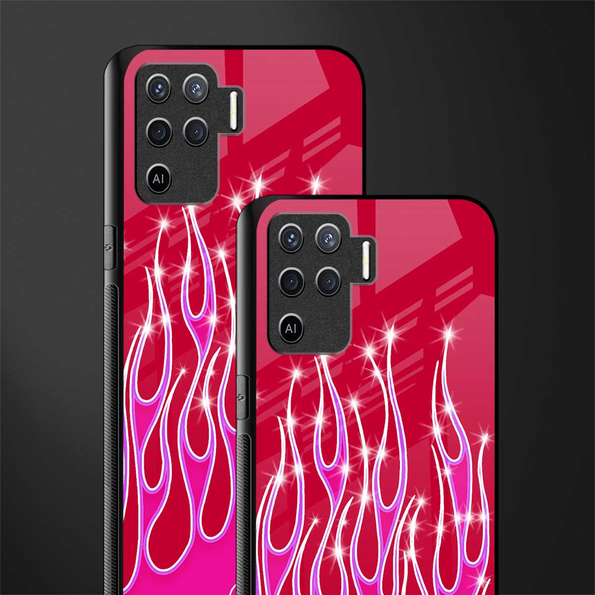 y2k magenta glittery flames glass case for oppo f19 pro image-2