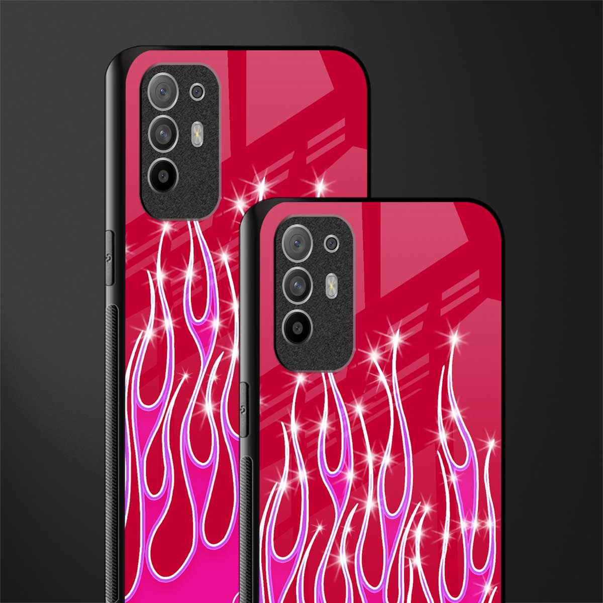 y2k magenta glittery flames glass case for oppo f19 pro plus image-2
