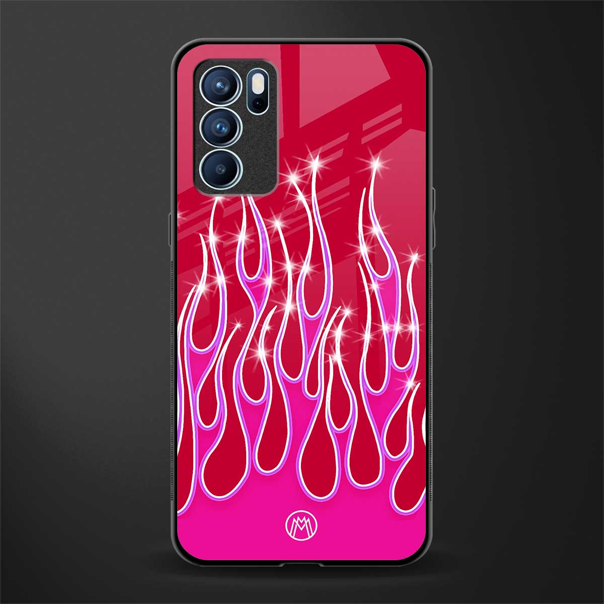 y2k magenta glittery flames glass case for oppo reno6 5g image