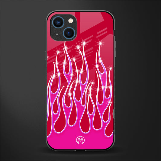 y2k magenta glittery flames glass case for iphone 14 image