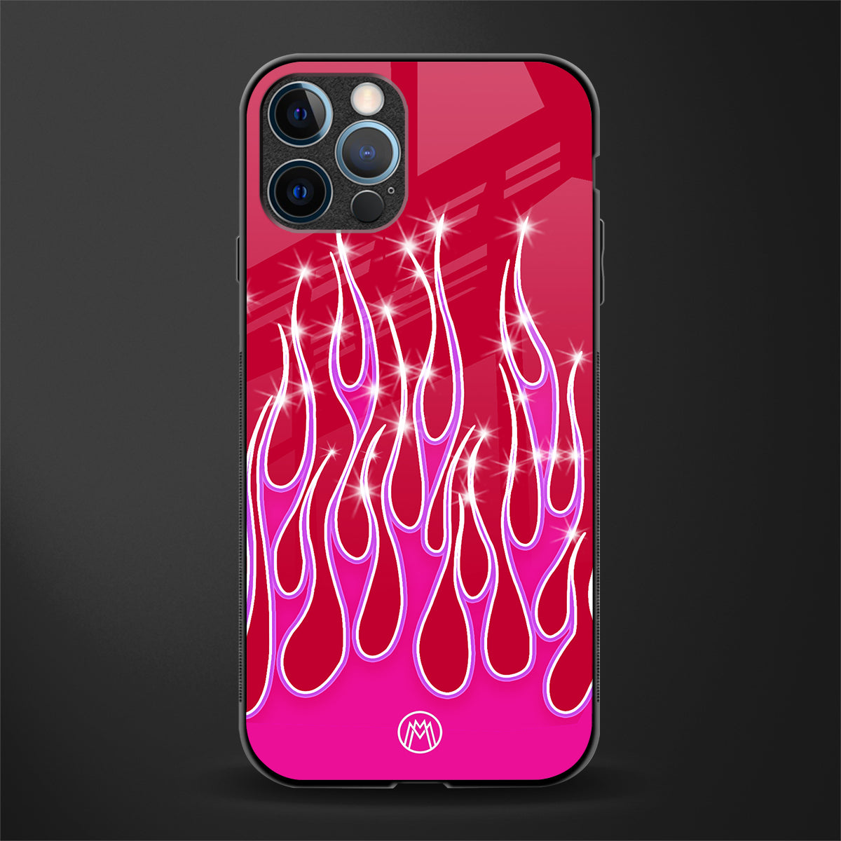 y2k magenta glittery flames glass case for iphone 14 pro max image