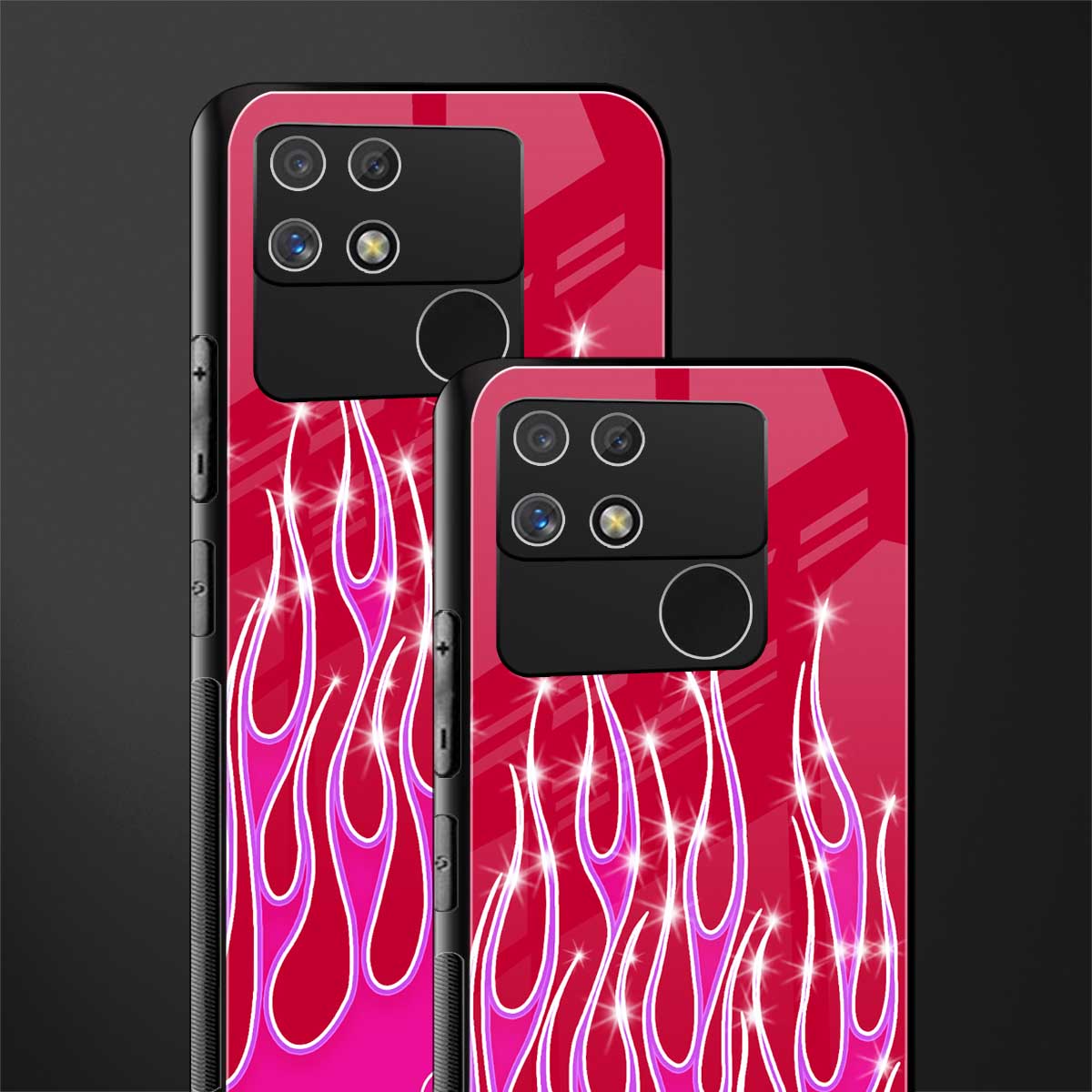 y2k magenta glittery flames back phone cover | glass case for realme narzo 50a