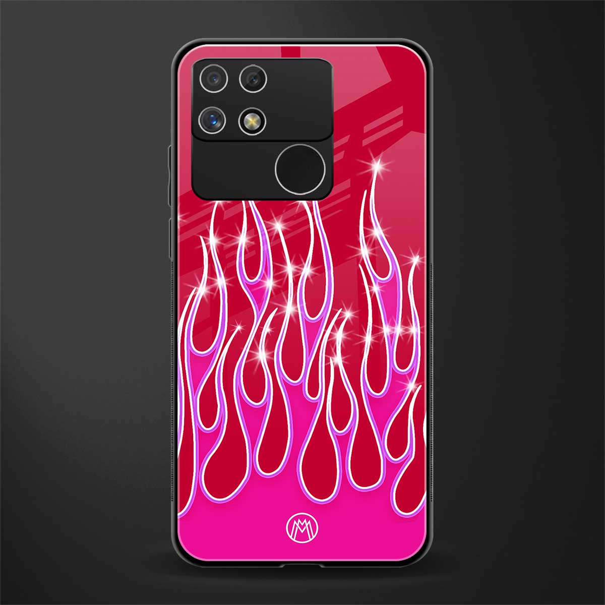 y2k magenta glittery flames back phone cover | glass case for realme narzo 50a