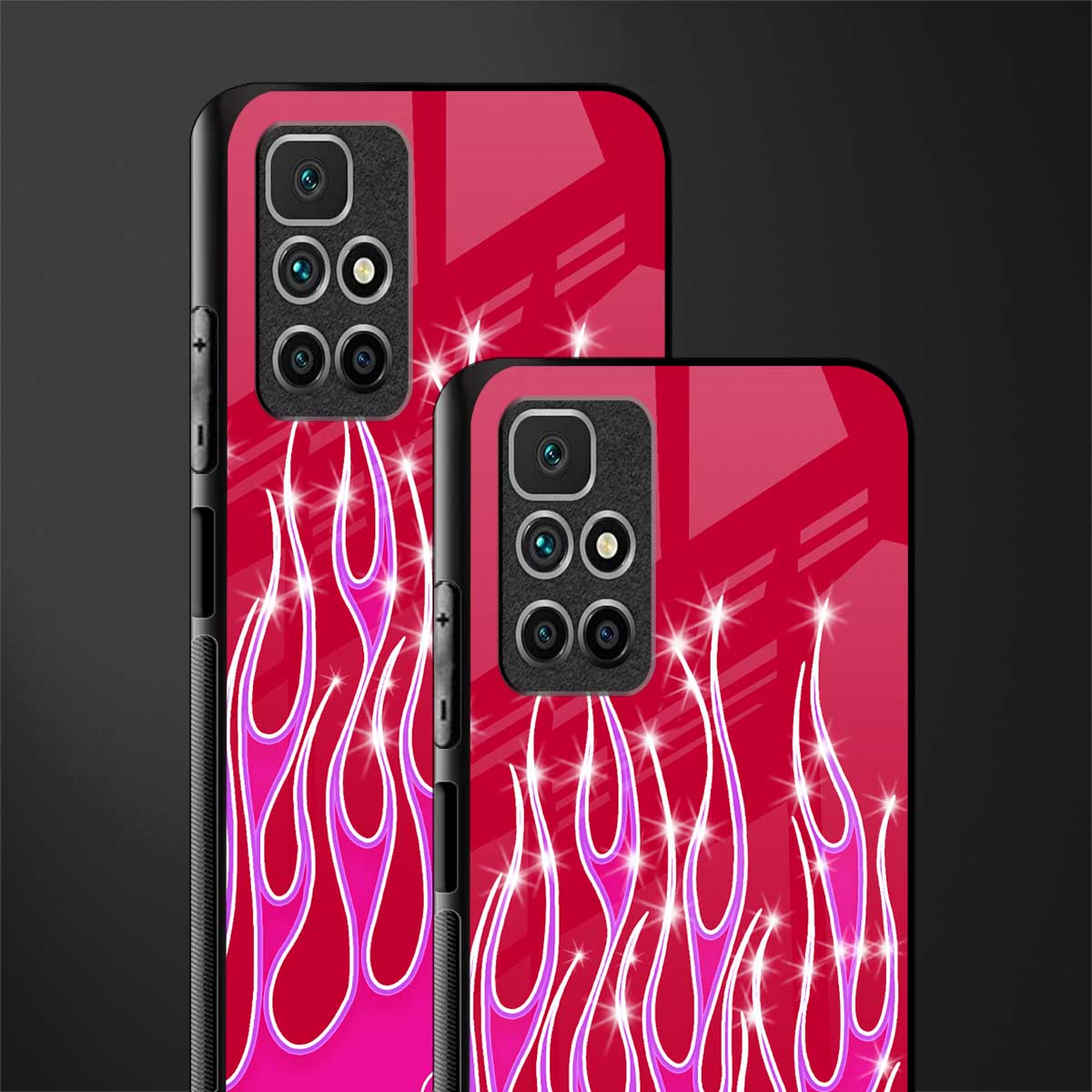 y2k magenta glittery flames glass case for redmi 10 prime image-2