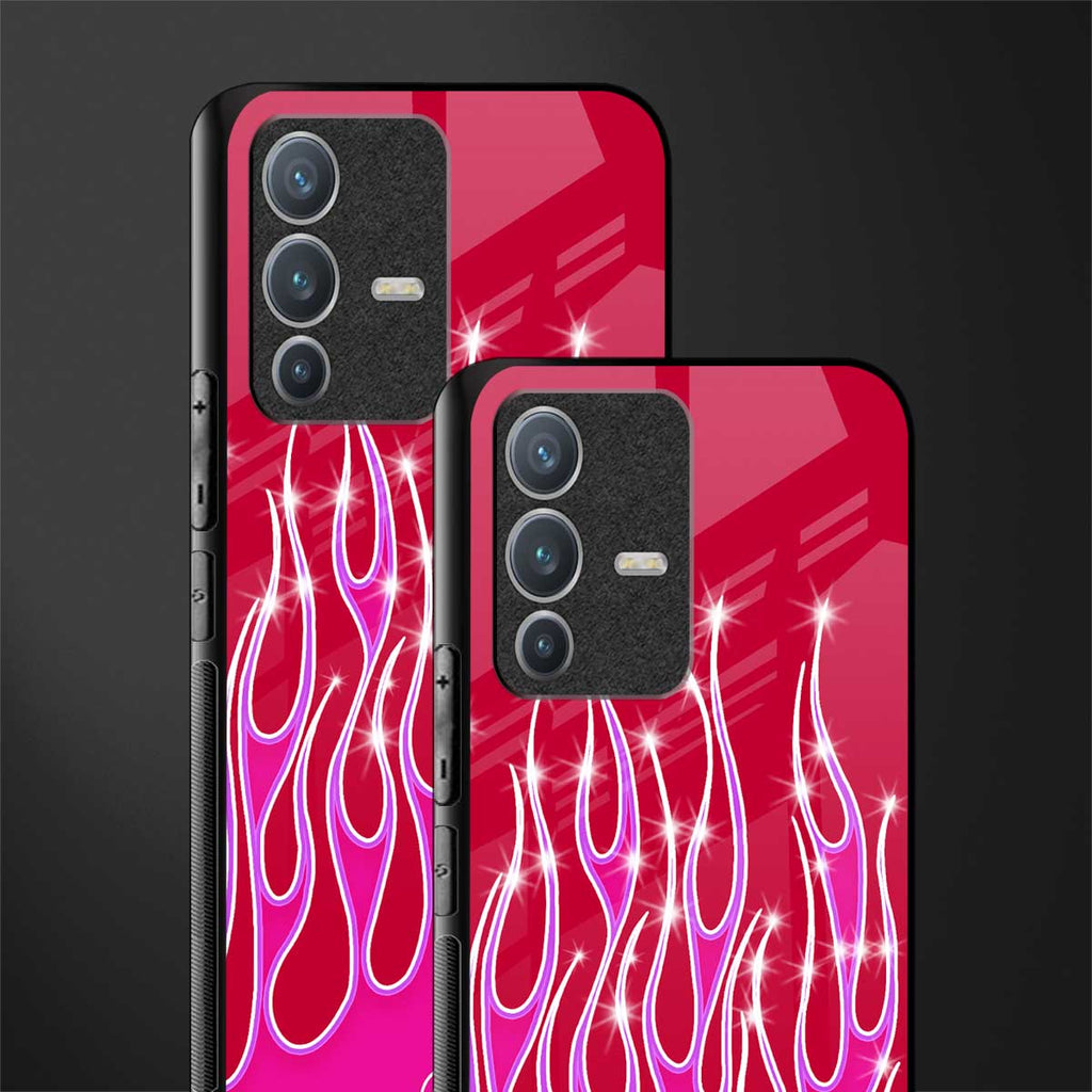 y2k magenta glittery flames glass case for vivo v23 pro 5g image-2
