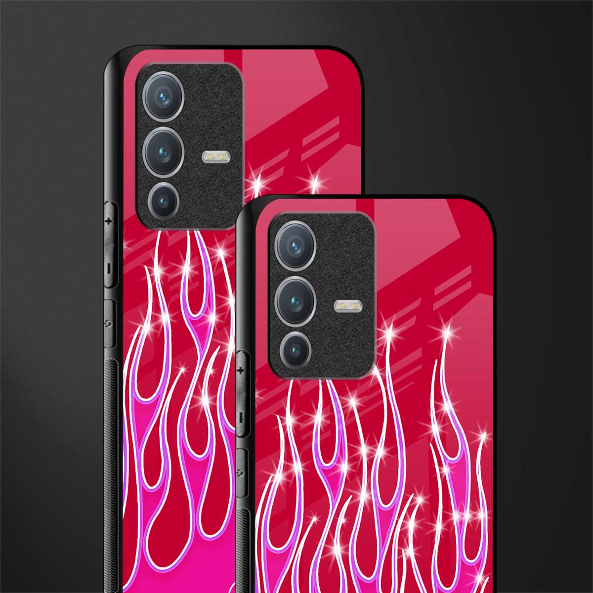 y2k magenta glittery flames glass case for vivo v23 pro 5g image-2
