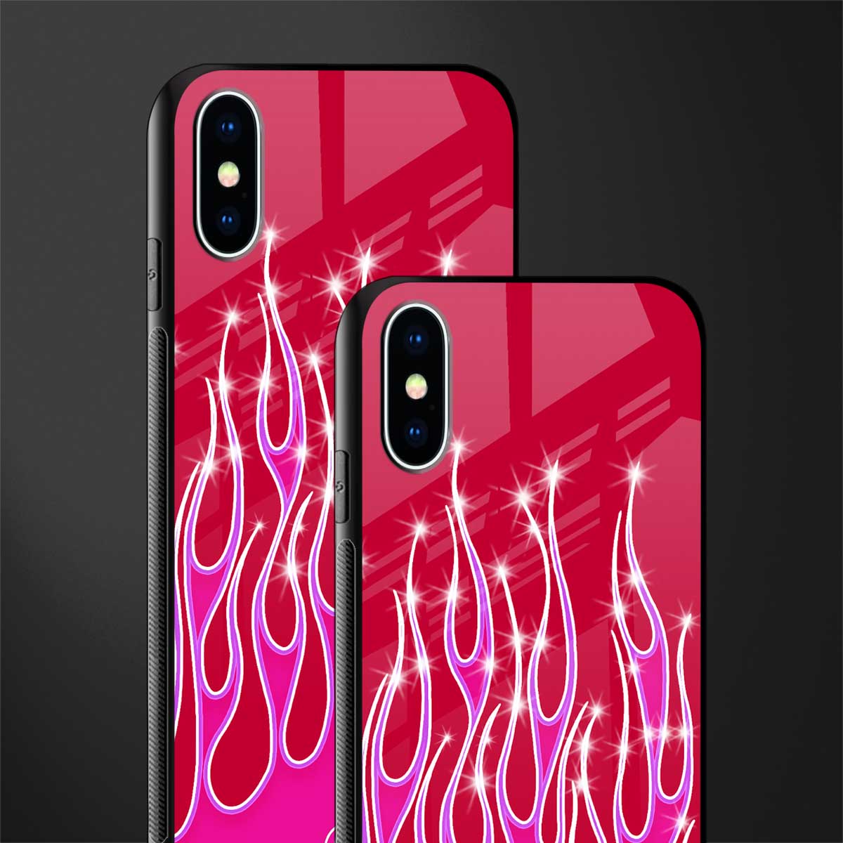 y2k magenta glittery flames glass case for iphone xs image-2