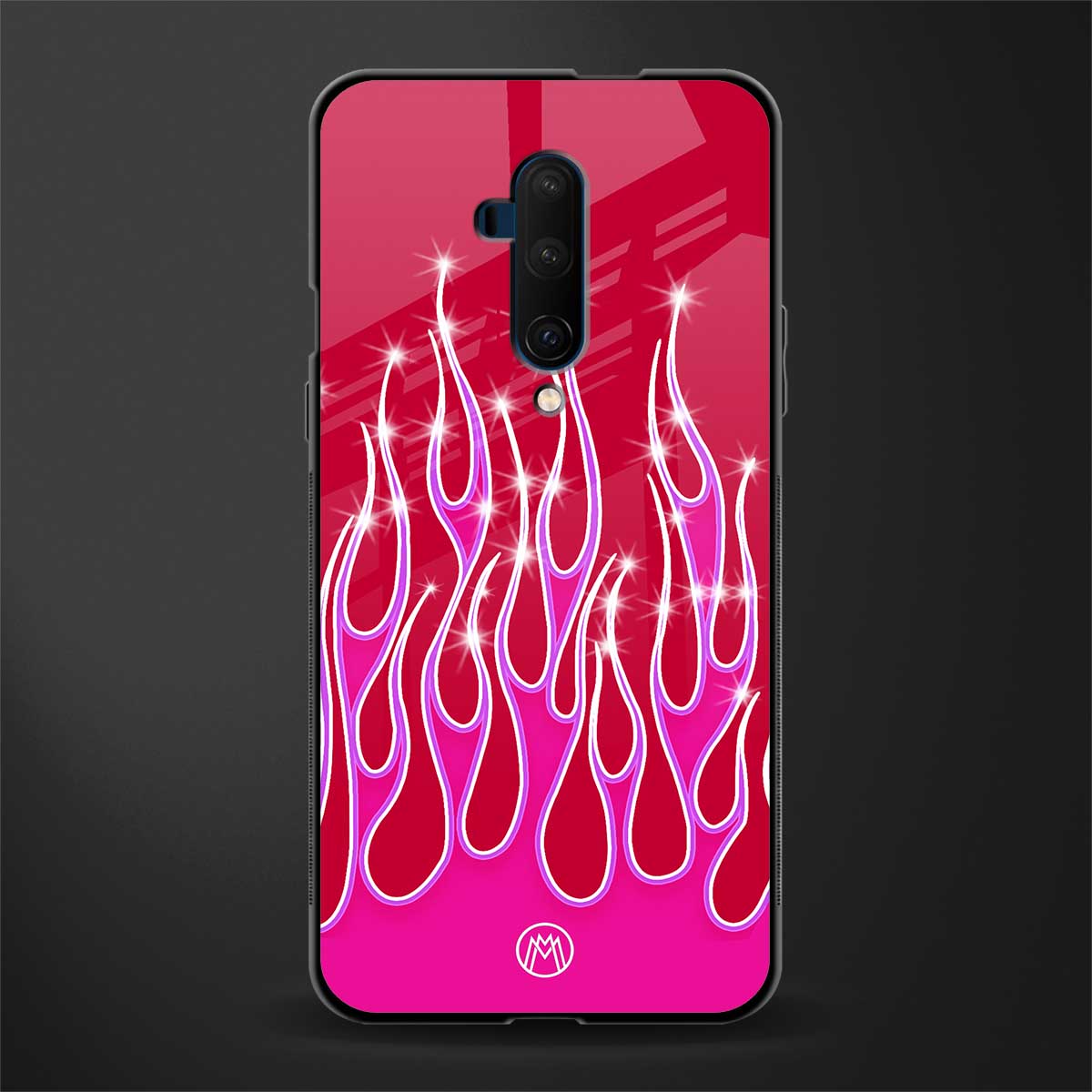 y2k magenta glittery flames glass case for oneplus 7t pro image