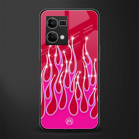 y2k magenta glittery flames back phone cover | glass case for oppo f21 pro 4g