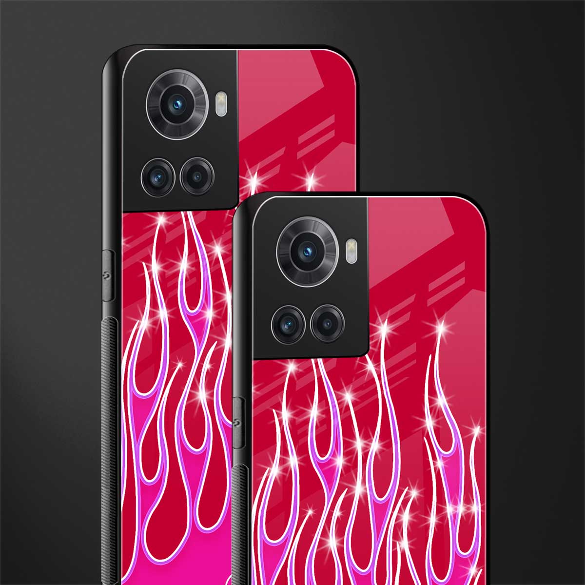 y2k magenta glittery flames back phone cover | glass case for oneplus 10r 5g