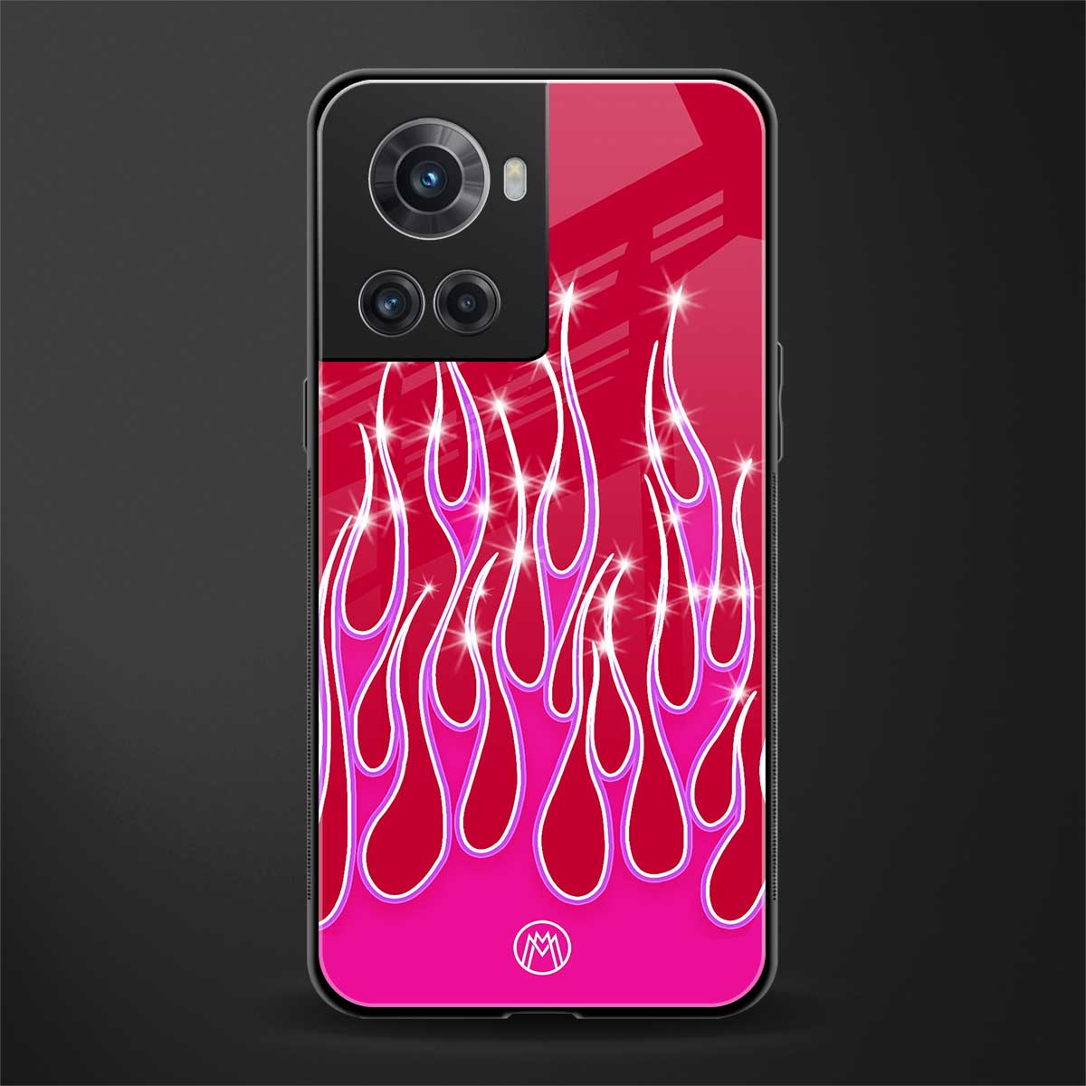 y2k magenta glittery flames back phone cover | glass case for oneplus 10r 5g