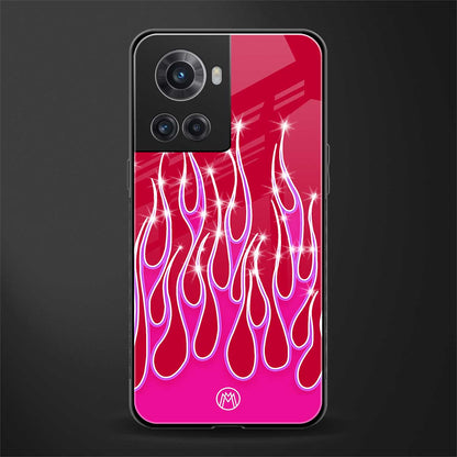 y2k magenta glittery flames back phone cover | glass case for oneplus 10r 5g