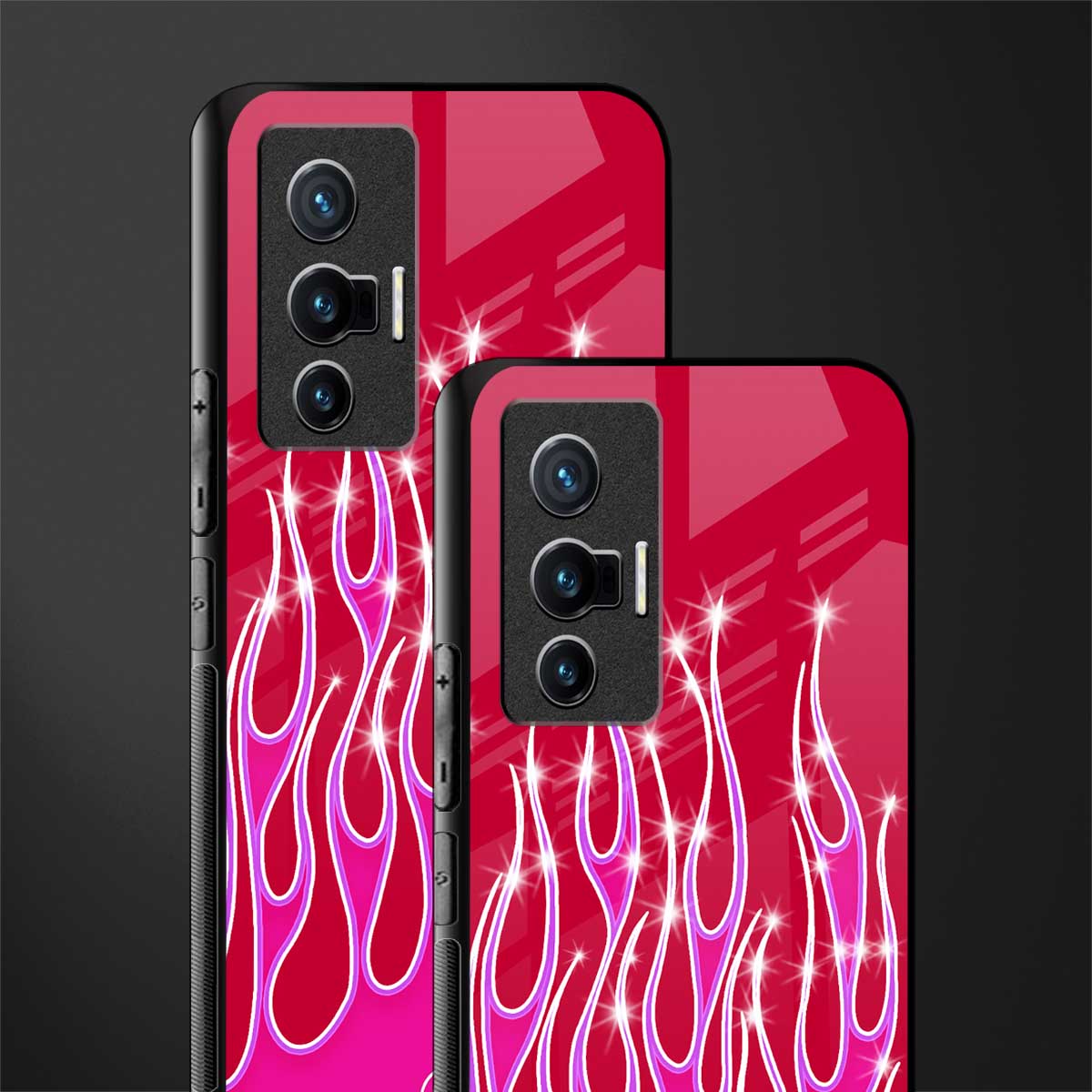 y2k magenta glittery flames glass case for vivo x70 image-2