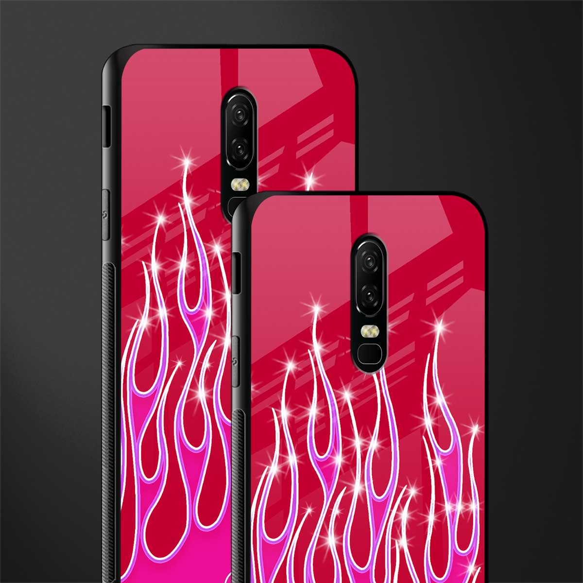 y2k magenta glittery flames glass case for oneplus 6 image-2