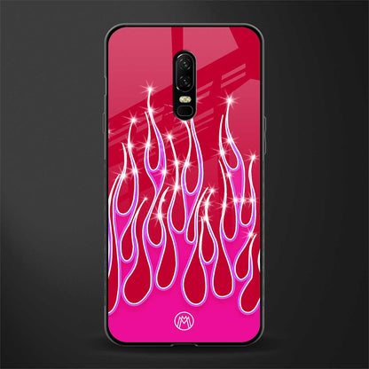 y2k magenta glittery flames glass case for oneplus 6 image