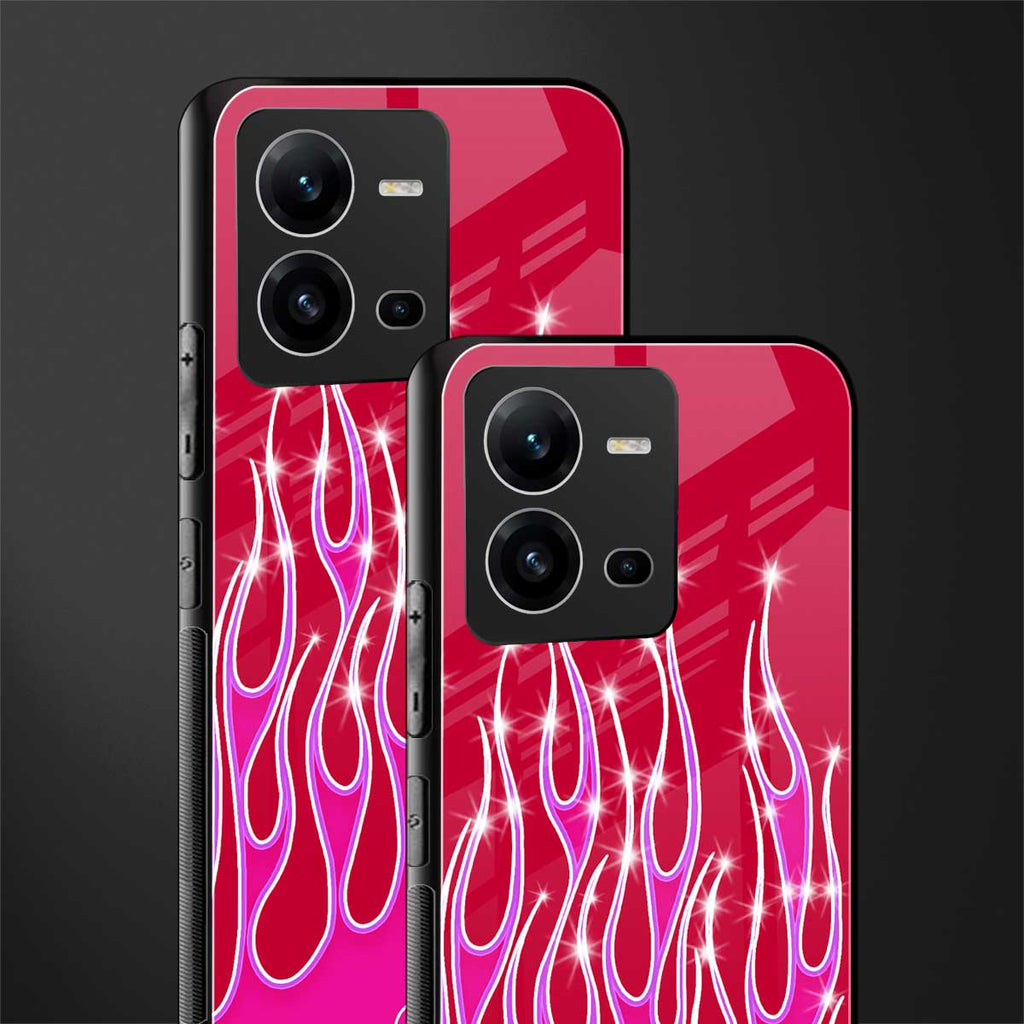 y2k magenta glittery flames back phone cover | glass case for vivo v25-5g