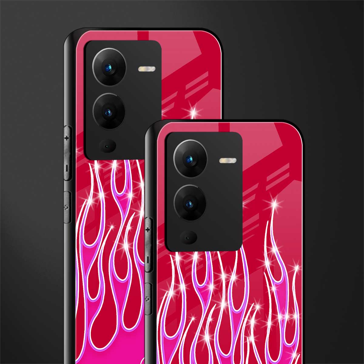 y2k magenta glittery flames back phone cover | glass case for vivo v25 pro 5g
