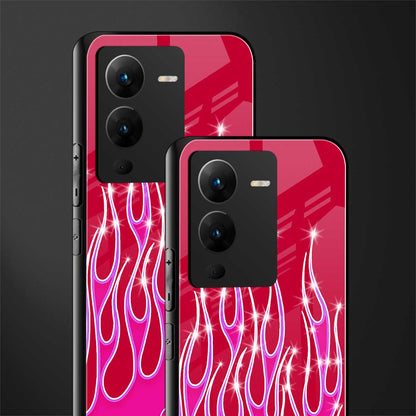 y2k magenta glittery flames back phone cover | glass case for vivo v25 pro 5g