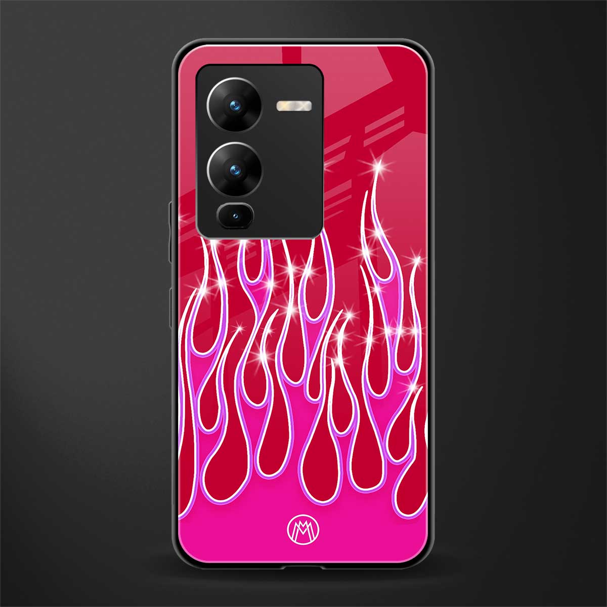 y2k magenta glittery flames back phone cover | glass case for vivo v25 pro 5g
