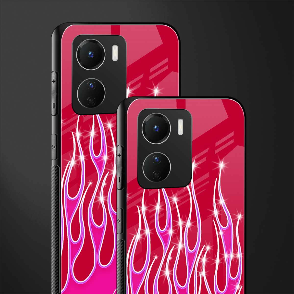 y2k magenta glittery flames back phone cover | glass case for vivo y16