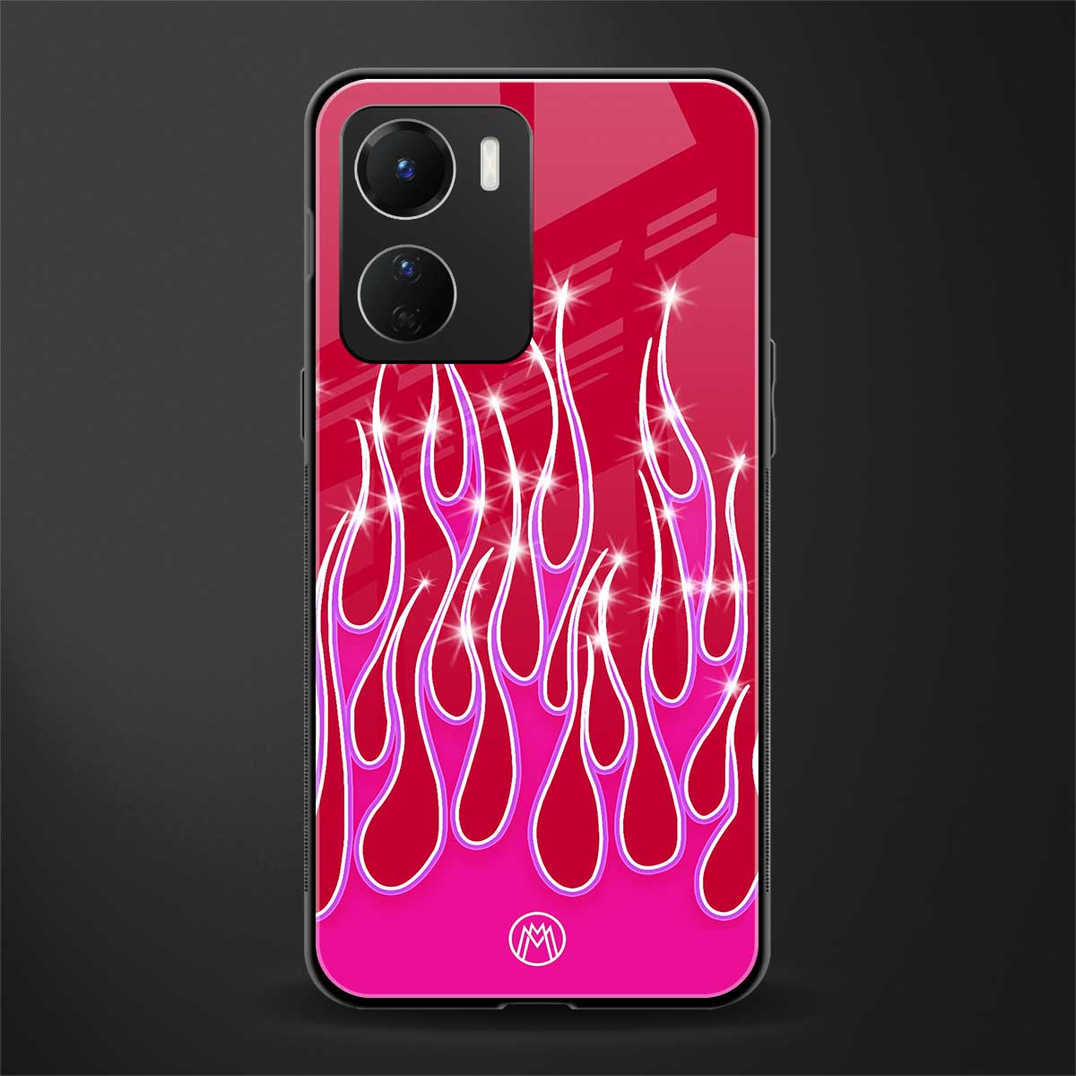 y2k magenta glittery flames back phone cover | glass case for vivo y16