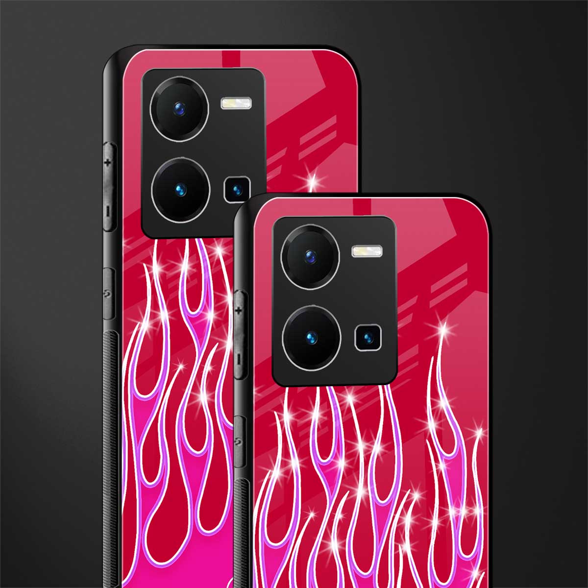 y2k magenta glittery flames back phone cover | glass case for vivo y35 4g