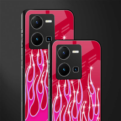 y2k magenta glittery flames back phone cover | glass case for vivo y35 4g