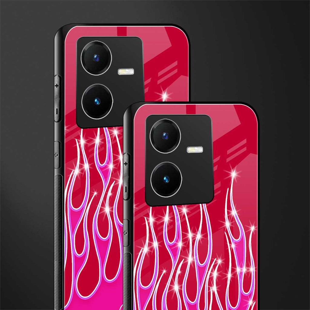 y2k magenta glittery flames back phone cover | glass case for vivo y22