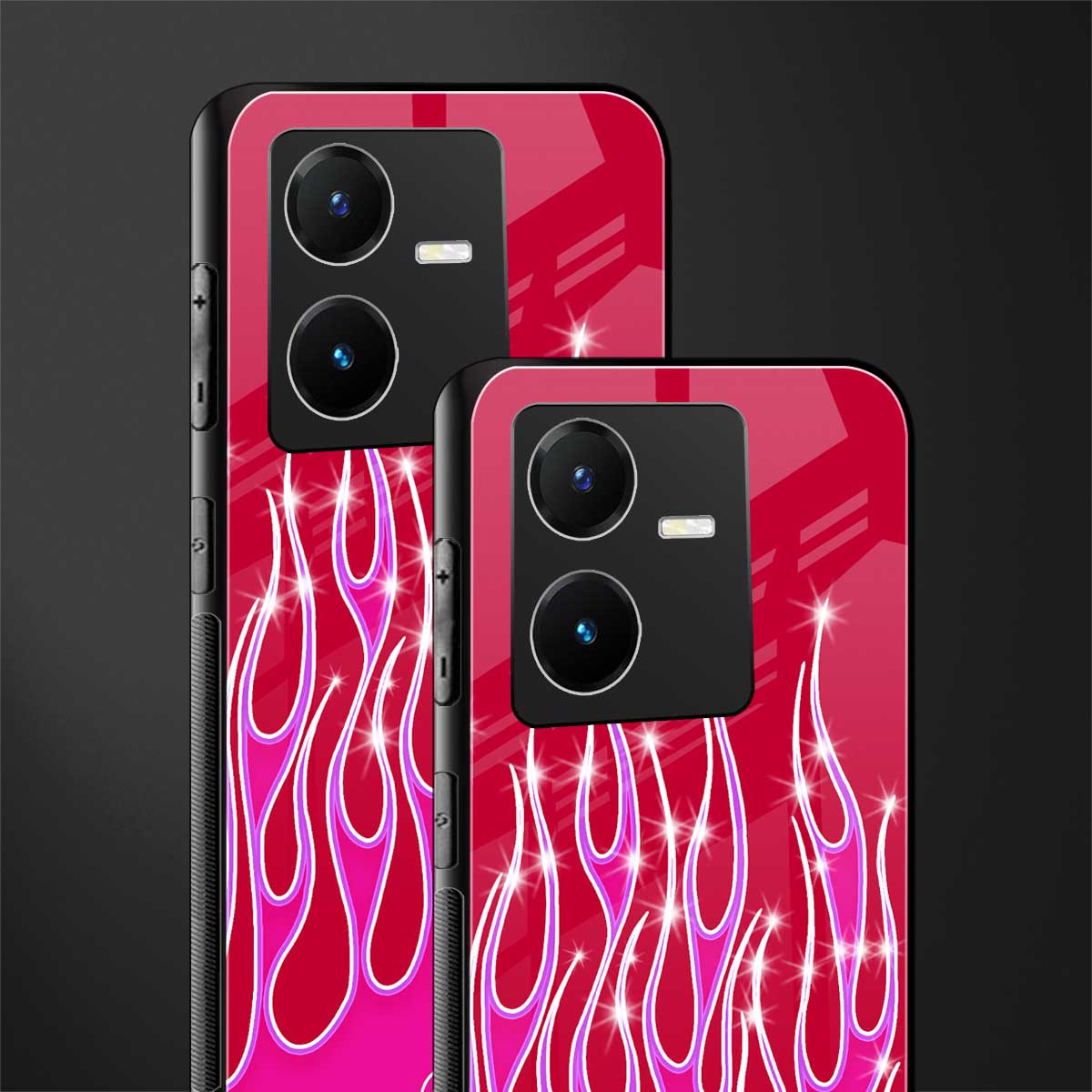 y2k magenta glittery flames back phone cover | glass case for vivo y22