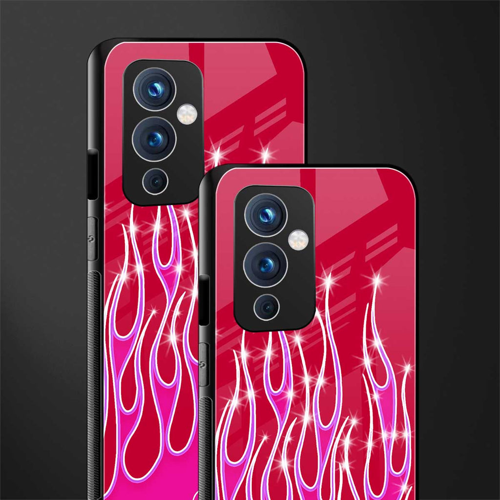y2k magenta glittery flames back phone cover | glass case for oneplus 9