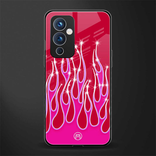 y2k magenta glittery flames back phone cover | glass case for oneplus 9