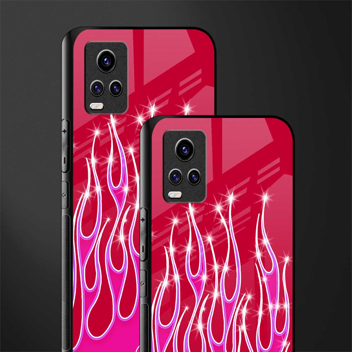 y2k magenta glittery flames back phone cover | glass case for vivo v21e 4g