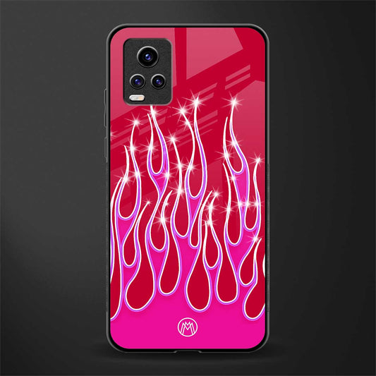 y2k magenta glittery flames back phone cover | glass case for vivo v21e 4g