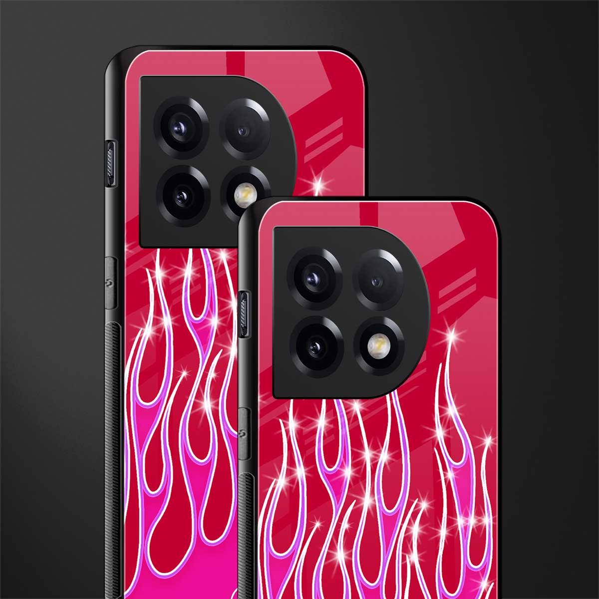y2k magenta glittery flames back phone cover | glass case for oneplus 11