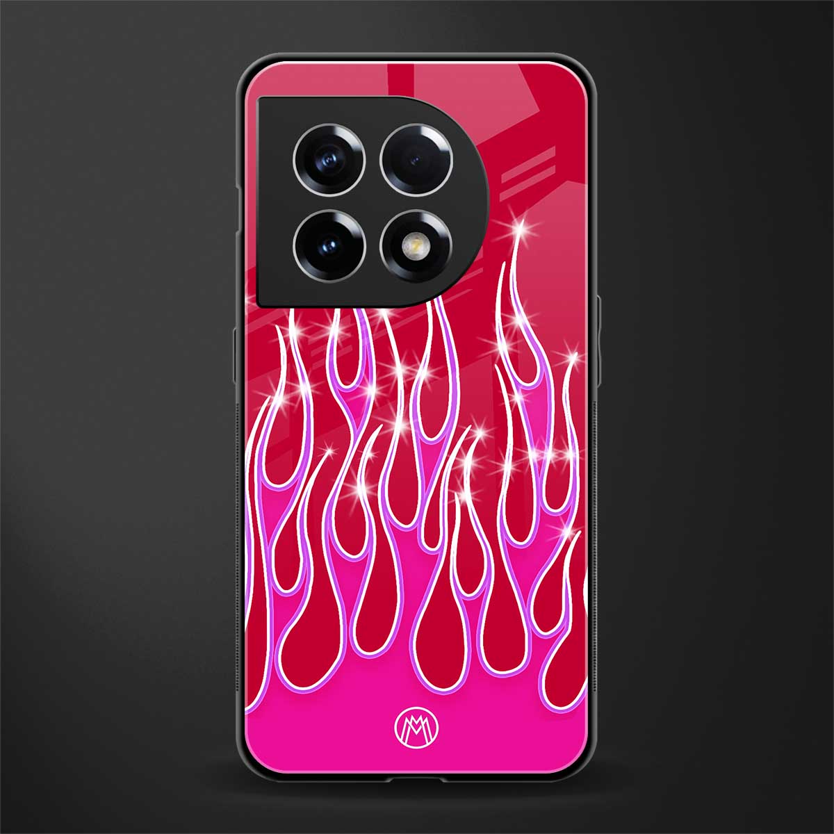 y2k magenta glittery flames back phone cover | glass case for oneplus 11