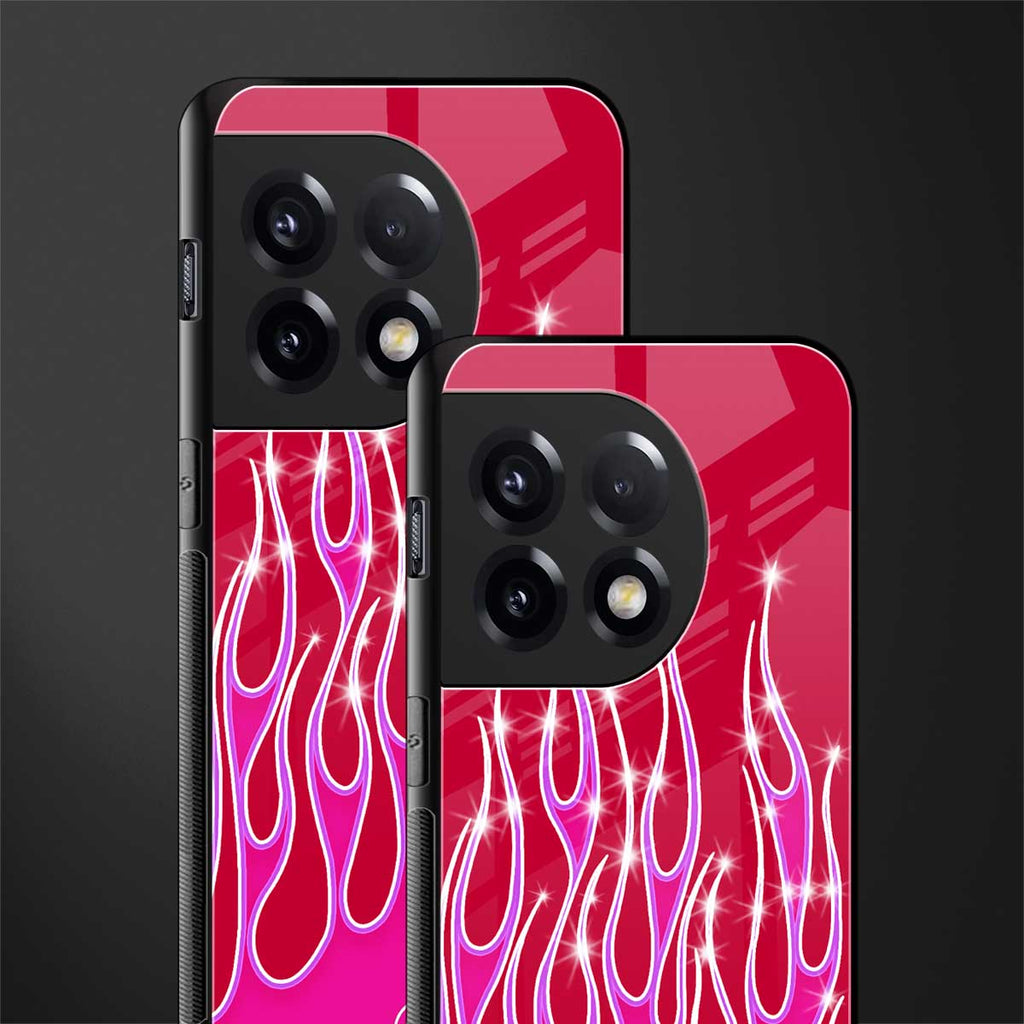 y2k magenta glittery flames back phone cover | glass case for oneplus 11r