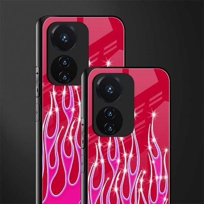 y2k magenta glittery flames back phone cover | glass case for vivo t1 44w 4g