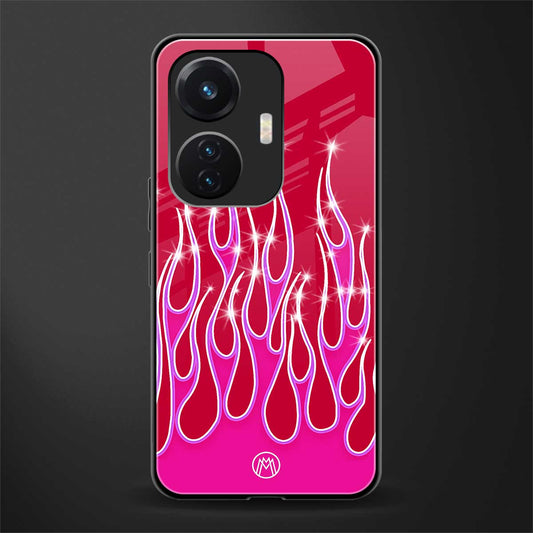 y2k magenta glittery flames back phone cover | glass case for vivo t1 44w 4g