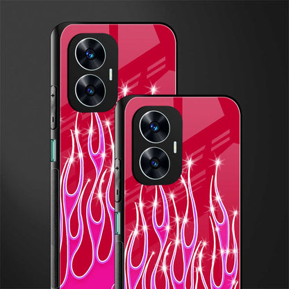 y2k magenta glittery flames back phone cover | glass case for realme c55
