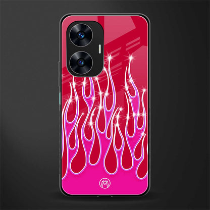 y2k magenta glittery flames back phone cover | glass case for realme c55