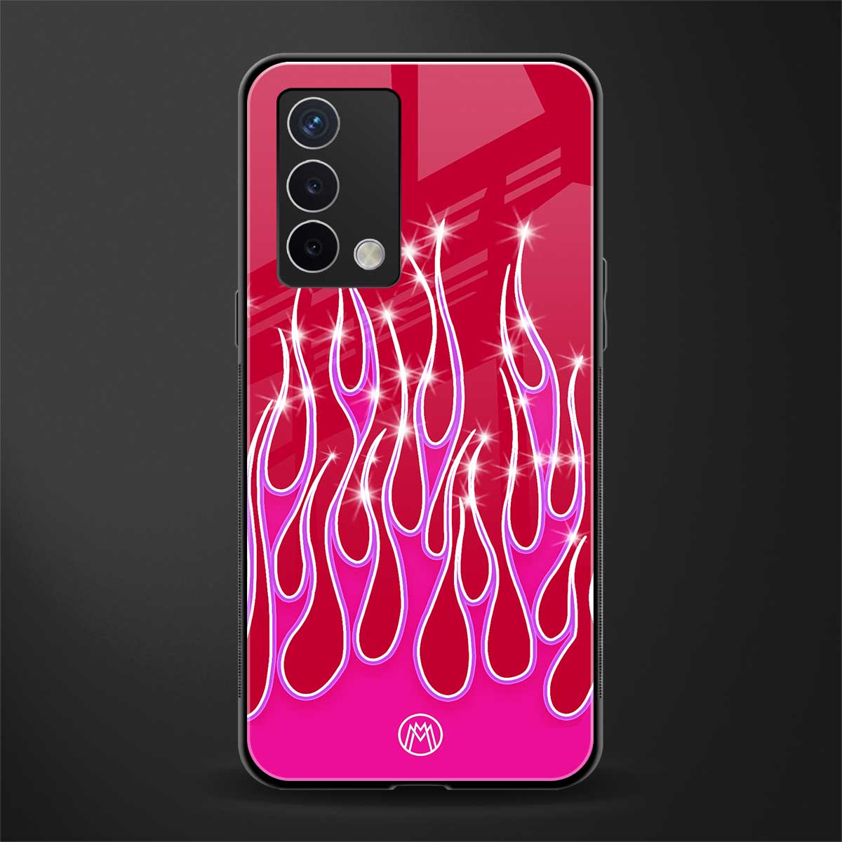 y2k magenta glittery flames back phone cover | glass case for oppo a74 4g